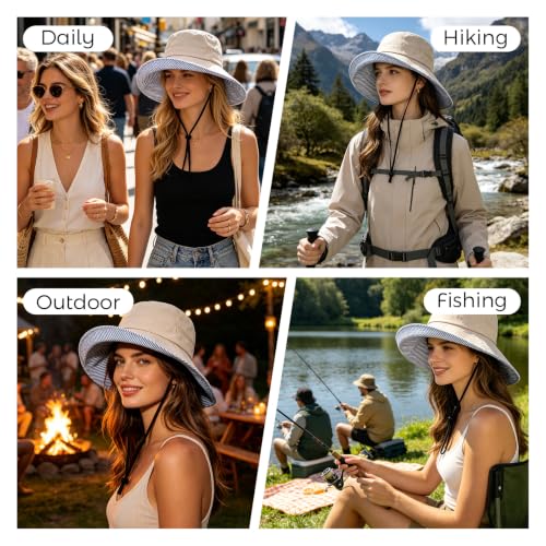 Womens Wide Brim Sun Hat UPF 50+ Foldable Bucket for Beach Travel - color: Khaki