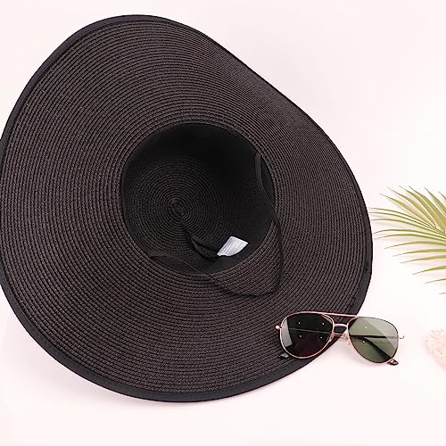 DRESHOW Big Straw Sun Hats for Women Floppy Foldable Roll up Beach Cap Sun Hat UPF 50+ Vacation Honeymoon Embroidered Hat - color: A Black 5.9" Brim, 1 Pack