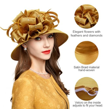 2026 Bucket Hats for Women Ladies Girls, Autumn Winter Fascinator Hat for Derby Kentucky Church Bridal UV Protection - color: A-4585gold
