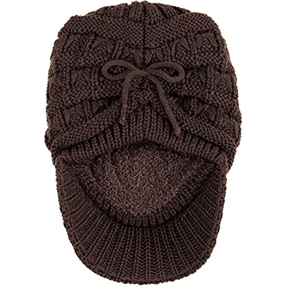 BYOS Womens Winter Chic Cable Warm Fleece Lined Crochet Knit Hat W/Visor Newsboy Cabbie Cap - color: Basket Woven-dark Brown