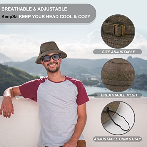 Sun Hat Men Cotton Embroidery Wide Brim Bucket Safari Boonie - color: Coffee Browm, size: 7 1/4-7 5/8