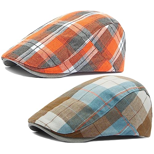 2 Pack Mens Newsboy Flat Cap Plaid Ivy Gatsby Cabbie Driving Golf Hat Beret - color: 2 Pcs Set D