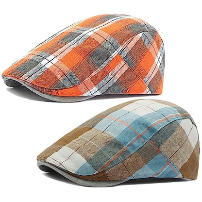 2 Pack Mens Newsboy Flat Cap Plaid Ivy Gatsby Cabbie Driving Golf Hat Beret - color: 2 Pcs Set D