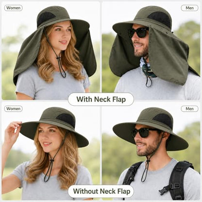 HUAMULAN Women Men Wide Brim Sun Hat Hiking Fishing Hats with Neck Flap - color: Yq005-armygreen