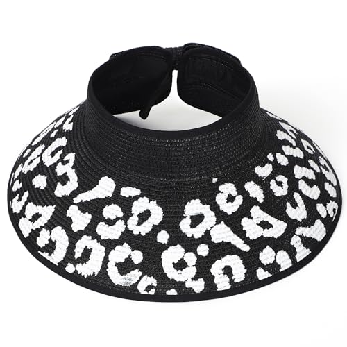 sy soul young Women's Straw Hat with Ponytail Hole Wide Brim Visor Sunhat - color: Black With Leopard 2