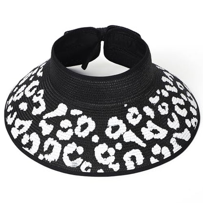 sy soul young Women's Straw Hat with Ponytail Hole Wide Brim Visor Sunhat - color: Black With Leopard 2