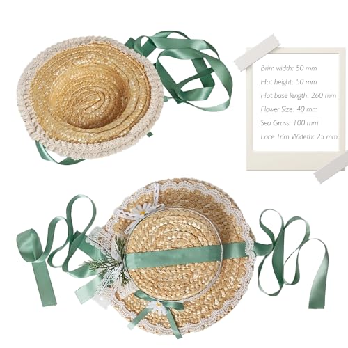 Victorian Tea Party Sun Hat, Wide Brim Straw Flat Cap - color: Green