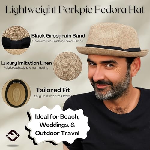 Funky Junque Men's Panama Porkpie Fedora, Linen Summer Beach Hat - color: Sand, size: Large-X-Large