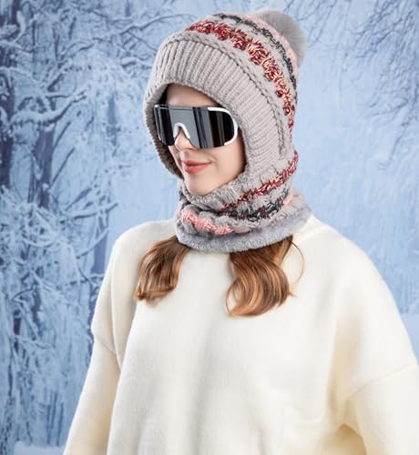 HUAMULAN Women Winter Knit Beanie Hats One Piece Fleece Lined Balaclavas - color: Gray + Colorful Stripe