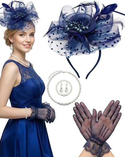 Fascinators Hat for Women Tea Party Fascinator Headband with Gloves Tea Party Accessories for Ladies - color: Navy