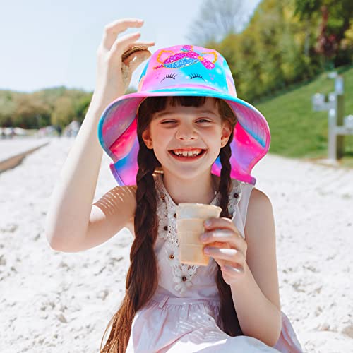 Girls Sun Hat for Kids UV Protection Unicorn Summer Hat Beach Play Hats Wide Brim Neck Flap for Girls Ponytail Hat 2-9 Years - color: Purple Unicorn