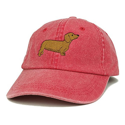 Trendy Apparel Shop Dachshund Embroidered Dog Theme Low Profile Dad Hat Cotton Cap - color: Red