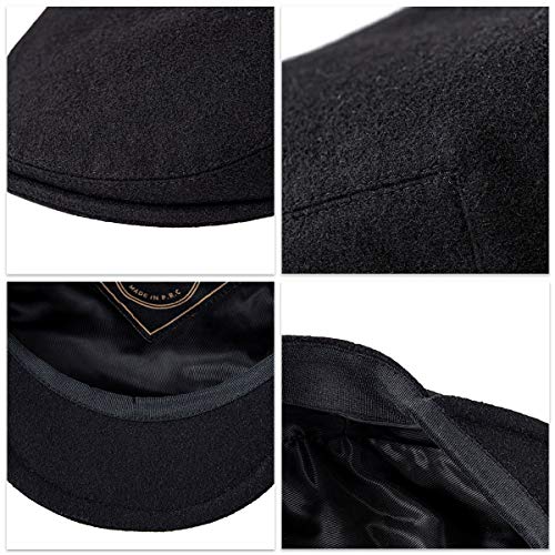 FEINION Men's Wool Tweed Newsboy Ivy Cap Gatsby Golf Flat Hat - color: Black, size: 7 1/4