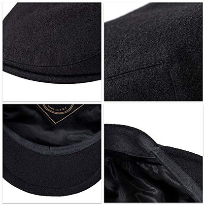 FEINION Men's Wool Tweed Newsboy Ivy Cap Gatsby Golf Flat Hat - color: Black, size: 7 1/4