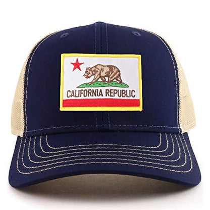 Armycrew California State Flag Patch 6 Panel Two Tone Mesh Back Trucker Cap - color: Navy Khaki