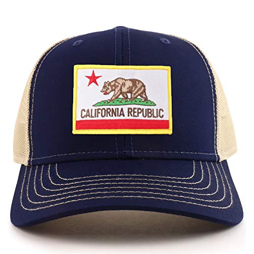 Armycrew California State Flag Patch 6 Panel Two Tone Mesh Back Trucker Cap - color: Navy Khaki