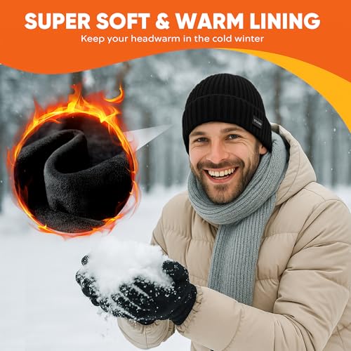 Winter Beanie Merino Wool Fleece Lined for Men Women Soft Warm Knit Hat Ski Stocking Cuffed Cap - color: Black
