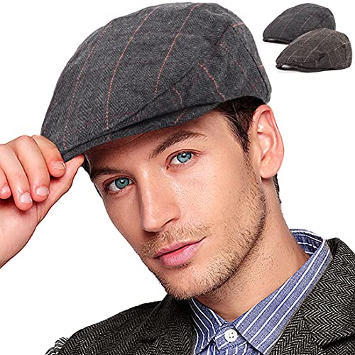 2-Pack Adjustable Newsboy Hats for Men Flat Cap Irish Wool Blend Tweed - color: Plaid Black+dark Brown 2pack, size: Large-X-Large