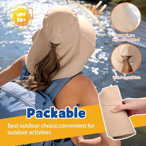 Ruqizhi Sun Hats for Women with Neck Flap Ponytail Hole Women Sun Hats Rollable UV Protection Fishing Hats Wide Brim UPF 50+ - color: Khaki
