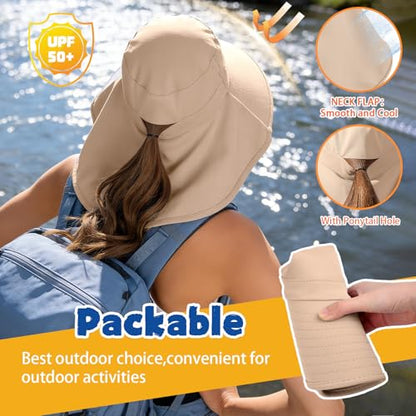 Ruqizhi Sun Hats for Women with Neck Flap Ponytail Hole Women Sun Hats Rollable UV Protection Fishing Hats Wide Brim UPF 50+ - color: Khaki
