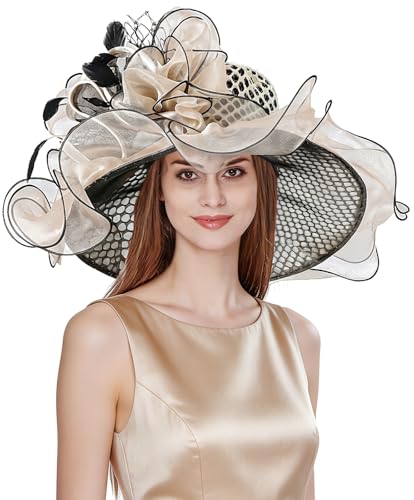 Z&X Women Organza Church Derby Hat Wide Brim Sun Hats for Wedding Tea Party Fascinator Hat, Dual-use - color: 2001- Apricot