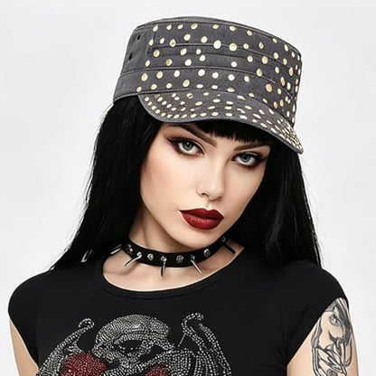 Studded Military Cap for Women Men Cadet Army Cap Flat Top Hat - color: Black