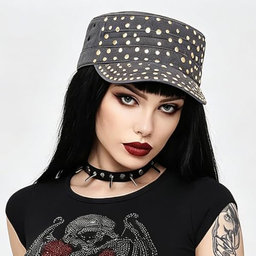 Studded Military Cap for Women Men Cadet Army Cap Flat Top Hat - color: Black