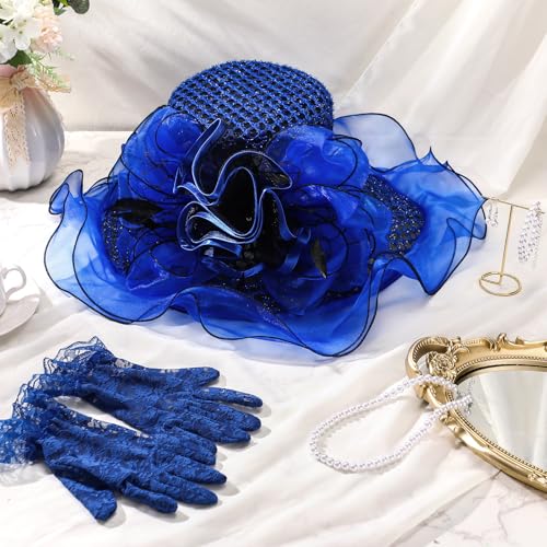 Derby Hat for Women 2026 Wide Brim Organza Sun Church Hat Set Feather Floral Fascinator for Tea Party Wedding Derby - color: Blue