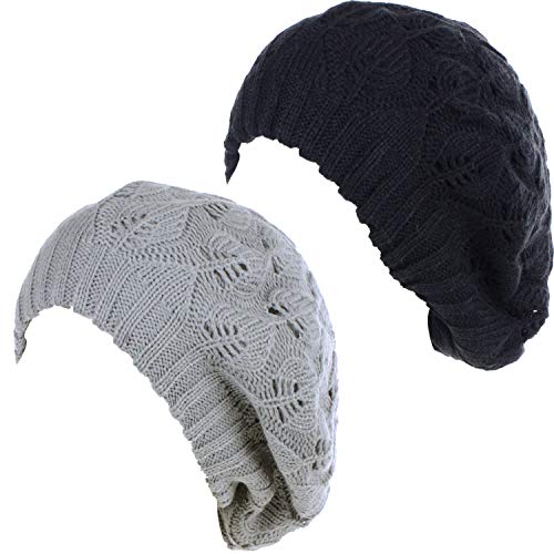 BYOS Women Mid-Weight Slouchy Leafy Cutout Crochet Soft Knit French Beret Hat - color: 2-pack-lt Gray & Bk