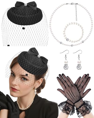 Pillbox Hat with Veil Vintage Fascinators for Women Tea Party Bridal Wedding Halloween First Communion Hats - color: Zz-black Set