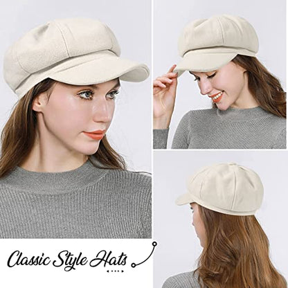 Women’s Newsboy Cap Wool Blend Retro Solid Color Girls Fashion Gatsby Cabbie Visor Beret Hat - color: Beige
