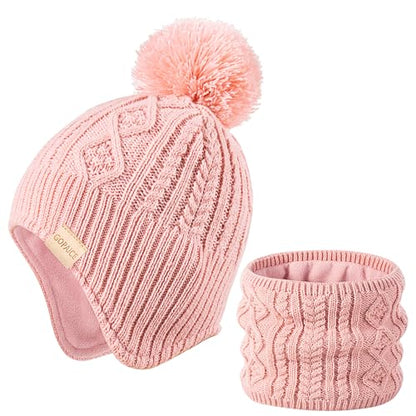Kids Winter Beanie Hat and Scarf Set with Pom Pom for Girls, Children's Thick Ski Cap with Earflap Fleece Lined Hat 3-9 Years - color: Pink+scarf