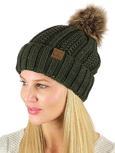 C.C Thick Cable Knit Faux Fuzzy Fur Pom Fleece Lined Skull Cap Cuff Beanie - color: Confetti Dark Olive