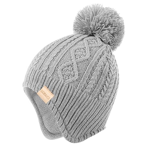 Kids Winter Beanie Hat and Scarf Set with Pom Pom for Girls, Children's Thick Ski Cap with Earflap Fleece Lined Hat 3-9 Years - color: Light Gray