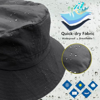 woogwin Waterproof Bucket Rain Hat with Chin Strap Quick Dry Packable Boonie Sun Hat Safari Hat UV Protection - color: Darkgrey