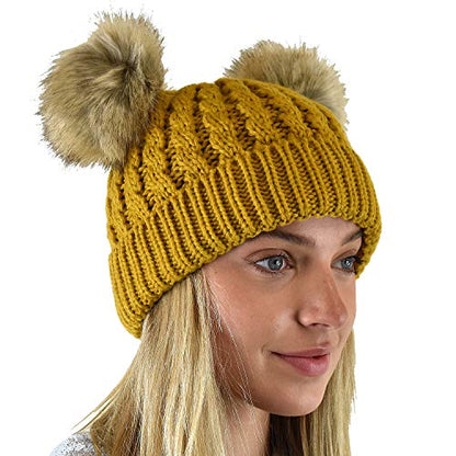 C.C 2 Ear Pom Pom Cable Knit Soft Stretch Cuff Skully Beanie Hat - color: Faux Fur Mustard
