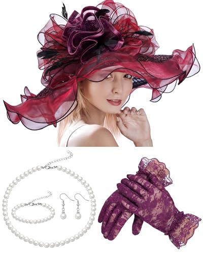 Derby Hat for Women 2026 Wide Brim Organza Sun Church Hat Set Feather Floral Fascinator for Tea Party Wedding Derby - color: Purple