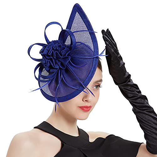 Fascinators Hat for Women Tea Party Headband Mini top Hats Cocktail Flower Mesh Feathers Hair Clip - color: Blue-2