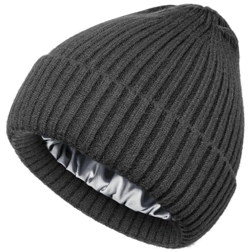 Satin Lined Wool Acrylic Blend Beanie Hat Women Men, Winter Knit Cap - color: Dark Gray