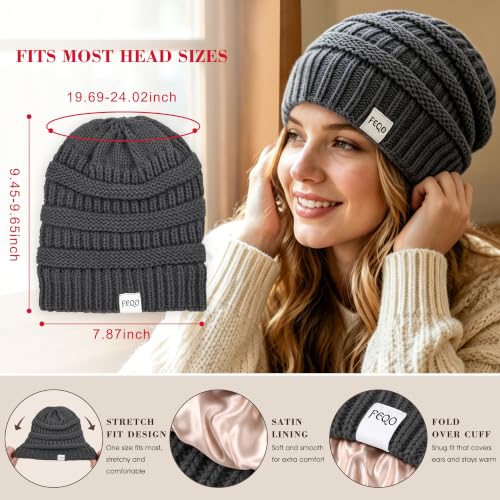 FEQO 4 Pack Satin Lined Beanies Slouchy Beanie Oversized Cable Knit Caps - color: Black, Army, Dark Gray, Beige