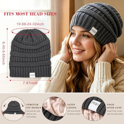 FEQO 4 Pack Satin Lined Beanies Slouchy Beanie Oversized Cable Knit Caps - color: Black, Army, Dark Gray, Beige