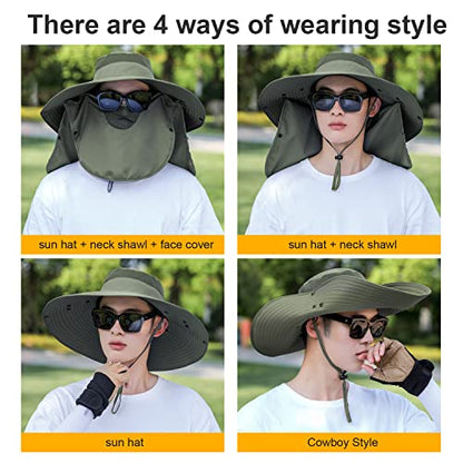 Women Wide Brim Face Mask Sun Hat Detachable Neck Face Flap Ponytail UV Protection Visor Hat Garden Fishing Hiking - color: Hyp008-armygreen