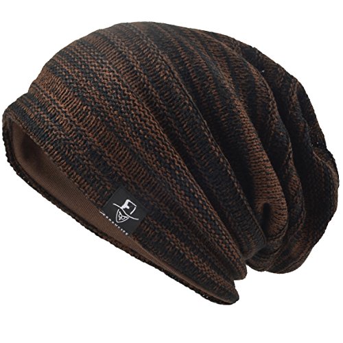 VECRY Mens Slouchy Beanie Knit Skull Cap Long Baggy Hip-hop Winter Summer Hat B305 - color: Stripe-brown, size: Large