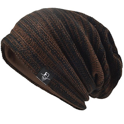 VECRY Mens Slouchy Beanie Knit Skull Cap Long Baggy Hip-hop Winter Summer Hat B305 - color: Stripe-brown, size: Large