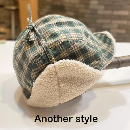 Reversible Winter Hat with Ear Flaps for Men Women Adult,Ladies Plaid Hat,Lamb Wool Lining Beanie Not for Kids - color: Plaid Green