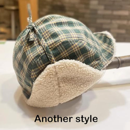 Reversible Winter Hat with Ear Flaps for Men Women Adult,Ladies Plaid Hat,Lamb Wool Lining Beanie Not for Kids - color: Plaid Green