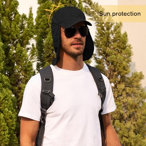American Trends Mens Sun Hat with Neck Flap, UV Protection Outdoor Flap Hat, Packable Soft Fishing Hiking Gardening Hat - color: Black