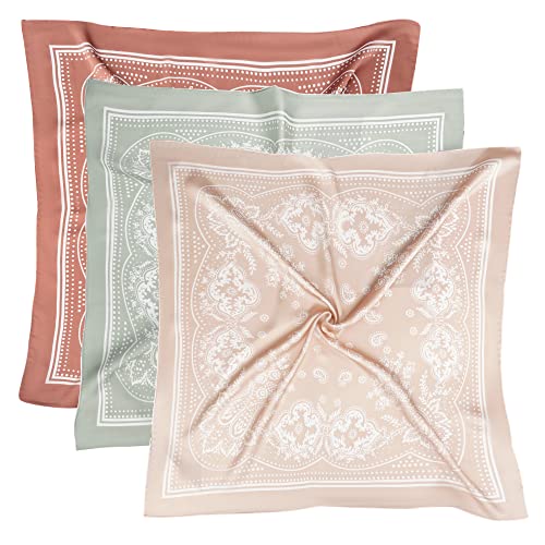 VANLINKER 27.5 Inches Silk Head Scarf for Women Men Vintage Bandanas Satin Hair Scarf Silk Wrap Neck Square Scarves VL9549 - color: Caramel+sage Green+oatmeal