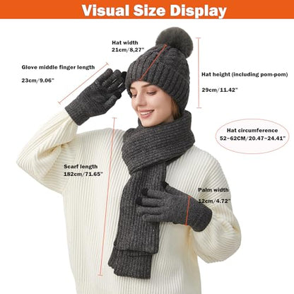 HUAMULAN Women Winter Knit Beanie Hat Circle Scarf Set Pompoms Ear Flaps - color: Gray With Scarf and Gloves