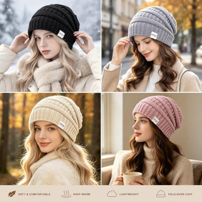 FEQO 4 Pack Satin Lined Beanies Slouchy Beanie Oversized Cable Knit Caps - color: Black, Pink, Light Grey, Beige